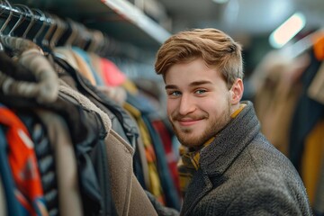 Obraz premium young man happily picking up his freshly cleaned coat at a dry cleaning store.