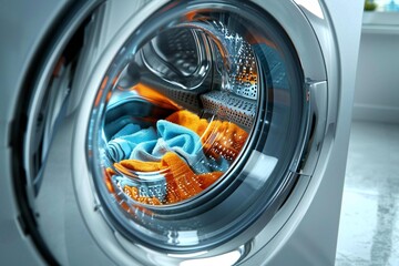 Close-up of washing machine door with multicolored clothes rotating inside.