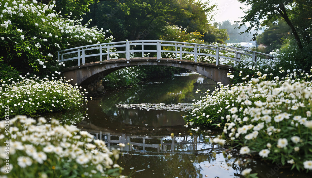 Poster pont en bois au milieu d'un jardin fleuri