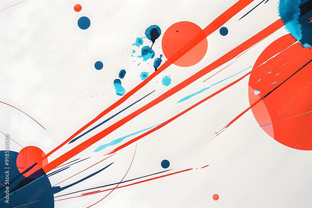 Wall mural minimalist abstract piece with bold lines and circles in bright red and blue, arranged to create a d
