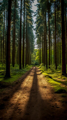 Fototapeta premium Road in a pine forest with sunlight in the morning.