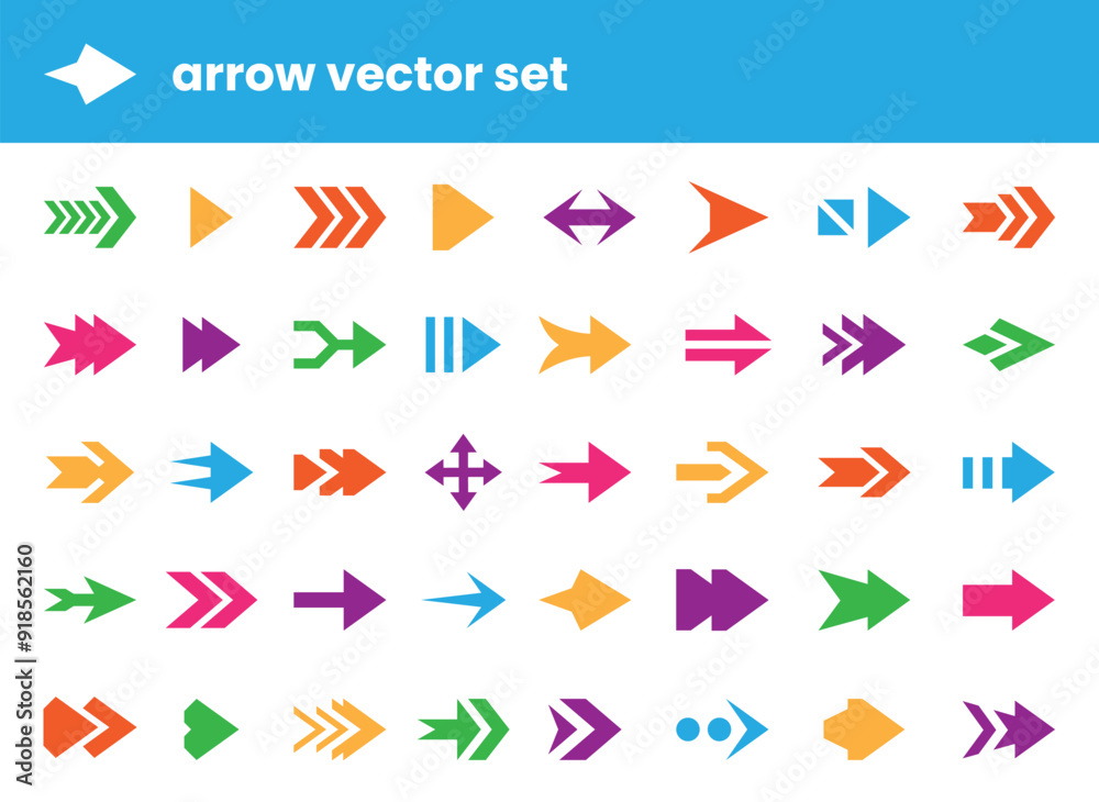 Poster Arrow stickers. Pointer icons. Simple round button. Modern web forward symbols. UI app cursor. Navigation pin. Straight or curve shapes. Digital next or play elements. Vector design set
