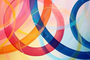 Obraz premium Minimalist abstract piece with interlocking circles and lines in vivid colors, set against a soft gradient background.