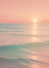 Fototapeta premium A serene ocean landscape with calm, rippling waves reflecting the warm, pastel-colored sky and bright sun in the distance