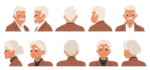 Fototapeta premium Set Showing Different Profile Views Of An Elderly Man And Woman. Old Characters Wearing Formal Attire Front, Side
