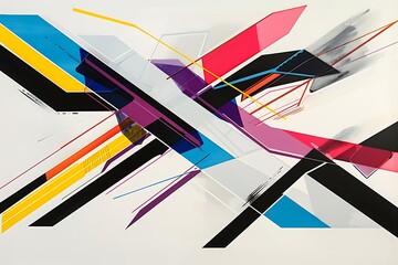 Minimalist abstract piece with bold lines and hexagons in vivid colors, creating a sense of movement on a white background.