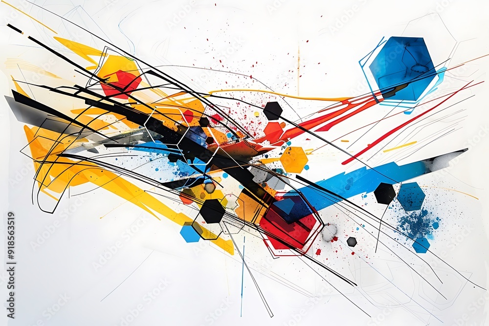 Wall mural minimalist abstract piece with bold lines and hexagons in vivid colors, creating a sense of movement