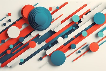 Minimalist abstract piece with bold lines and circles in bright red and blue, arranged to create a dynamic effect on a white background.