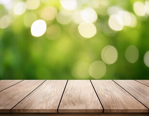 Wood table top on blur abstract white green bokeh background