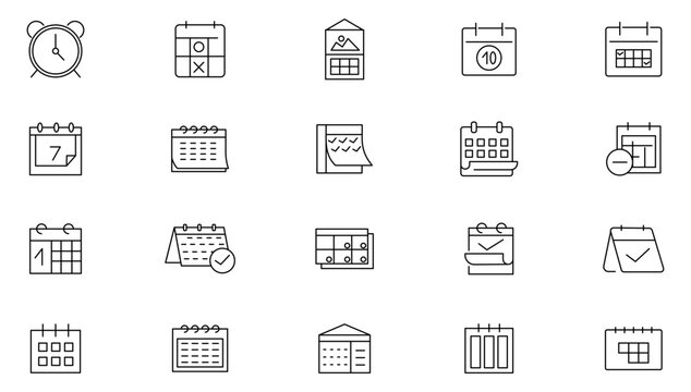 Calendar line icon set. Containing date, schedule, month, week, appointment, agenda, organization, plan, month, week, outline icon collection. UI thin line icon pack.