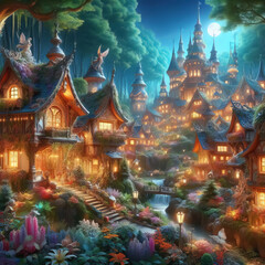 Fototapeta premium Fantasy houses in magic forest, scenery of fairy tale village