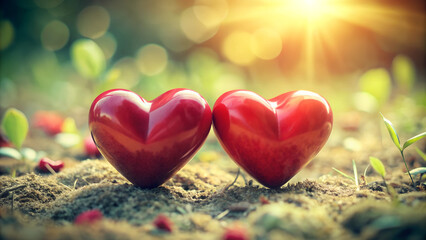Obraz premium Two red hearts on sand with small plants in the background symbolizing love. Valentine's Day.