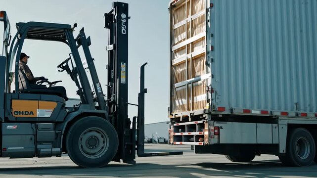 Trucks are navigating through a shipping yard, efficiently loading and unloading cargo under bright midday sunlight.