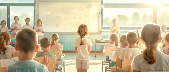 Classroom full of students applauding peer for perfect attendance award, Perfect Attendance, School Achievement