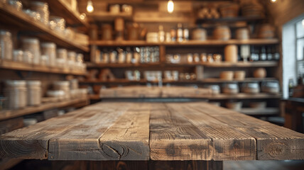 Rustic kitchen with wooden countertops and jars on shelves.