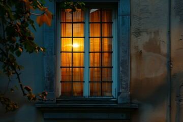 A window with a curtain is lit up by the sun. The light shines through the window, illuminating the room. The scene has a warm and inviting atmosphere, as the sunlight creates a cozy