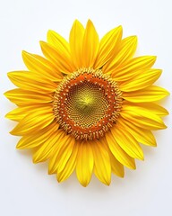 Fototapeta premium Top-down view of a sunflower with detailed petal structure, isolated against a white background, highlighting its natural symmetry