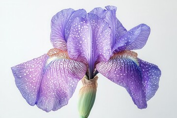 Single purple iris with detailed petals, photographed against a white background, highlighting its...
