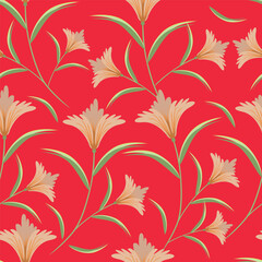 Hand drawing floral seamless pattern with cotton twigs and berries bouquets on a beige background. Winter Christmas themed background. Botanical illustration