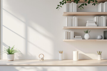 Office interior backdrop for online meetings. Light home office setting bookshelves background. Minimalist online workspace aesthetics. Video conferencing room design in pastel tones.