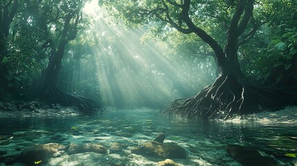 Dense mangrove forest with intricate roots and thriving ecosystem wallpaper