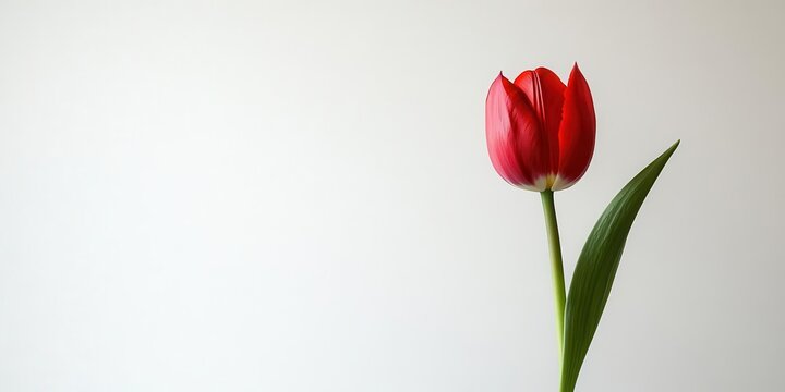 A single red tulip against a white backdrop, captured in a minimalist shot that highlights its sleek form and vibrant color, is truly captivating.