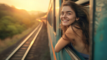 Happy smiling woman looks out from window traveling by train on most picturesque train road