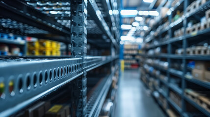 Naklejka premium Blurred view of an industrial warehouse with metal shelving.