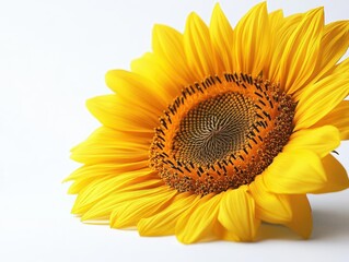 In the photograph, a sunflower's perfectly aligned yellow petals and intricate center detail are showcased against a pure white backdrop, drawing the viewer's attention.