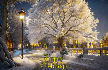 Snow-kissed tree and road under a dusky sky. Falling snowflakes weave a tranquil winter evening. Ideal for Christmas cards. Embrace the season's magic with this enchanting scene.