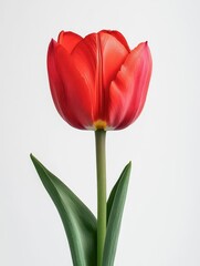 Fototapeta premium A bright red tulip in full bloom stands alone against a white backdrop, highlighting its vibrant hue and elegant shape.