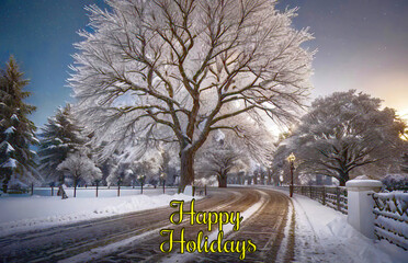 Snow-kissed tree and road under a dusky sky. Falling snowflakes weave a tranquil winter evening. Ideal for Christmas cards. Embrace the season's magic with this enchanting scene.