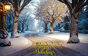 Snow-kissed tree and road under a dusky sky. Falling snowflakes weave a tranquil winter evening. Ideal for Christmas cards. Embrace the season's magic with this enchanting scene.