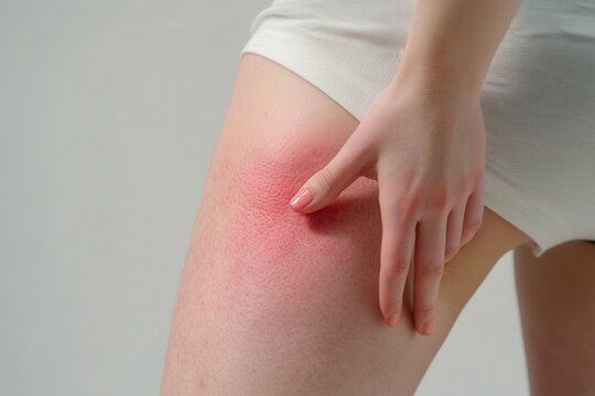 Close-up of redness and itching on the skin, hand pointing to hip area with a pink color. 