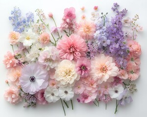 Arrangement of mixed pastel flowers on a white background, evoking a dreamy and romantic ambiance.