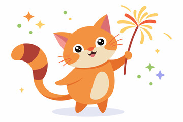 Cute Cat Playing Fireworks Cartoon Vector Icon Illustration