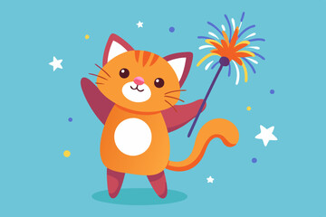 Cute Cat Playing Fireworks Cartoon Vector Icon Illustration