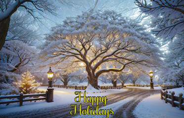 Snow-kissed tree and road under a dusky sky. Falling snowflakes weave a tranquil winter evening. Ideal for Christmas cards. Embrace the season's magic with this enchanting scene.