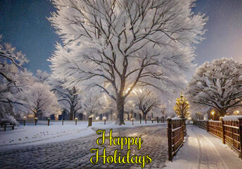 Snow-kissed tree and road under a dusky sky. Falling snowflakes weave a tranquil winter evening. Ideal for Christmas cards. Embrace the season's magic with this enchanting scene.