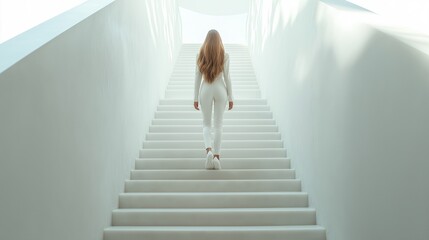 Woman ascending walking on white stairs, in an elegant white outfit, minimalist light background, concept of progress, way to success