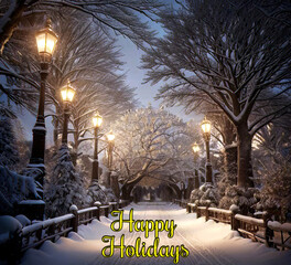 Snow-kissed tree and road under a dusky sky. Falling snowflakes weave a tranquil winter evening. Ideal for Christmas cards. Embrace the season's magic with this enchanting scene.