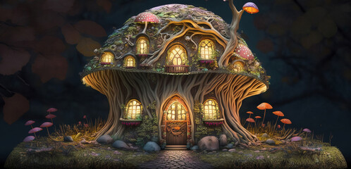 Mushroom house in the Enchanted Woods. Surreal mystical fantasy artwork