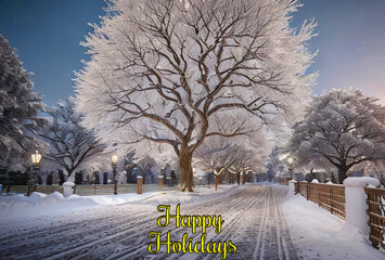 Snow-kissed tree and road under a dusky sky. Falling snowflakes weave a tranquil winter evening. Ideal for Christmas cards. Embrace the season's magic with this enchanting scene.