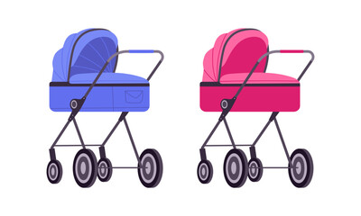 Cartoon pink and blue baby strollers. Newborn children pushchairs color for boy and girl flat vector illustration set. Pink and blue strollers for baby boy and girl