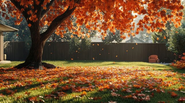 A realistic depiction of a backyard with a large oak tree shedding its fall leaves, creating a mosaic of orange and red leaves on the grass below