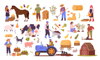 Farm harvesting. Rural agriculture workers, farm animals and harvested crop, organic food production and husbandry flat vector illustration set. Farming harvest elements collection