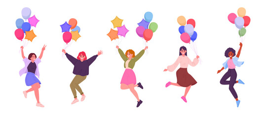 Girls with air balloons. Happy jumping female characters with helium balloons in hands, women floating with colorful balloons flat vector illustration set. Cheerful girls with balloons