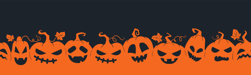 Halloween pumpkin seamless banner. Spooky squash lanterns silhouettes, scary jack-o-lanterns halloween flat vector background illustration. Halloween holiday party endless poster