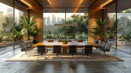 Fototapeta premium Modern office with greenery and city view - generative ai