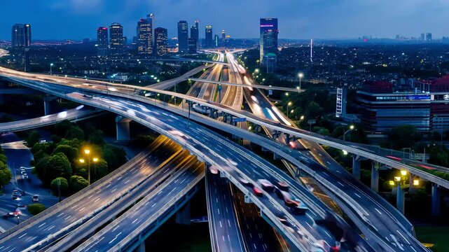 Aerial view showcasing illuminated highways merging under a twilight sky, with skyscrapers towering in the background. timelapse